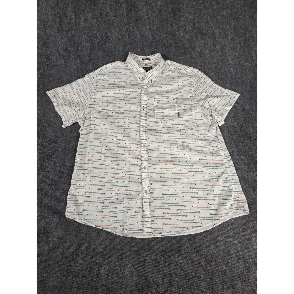 Eddie Bauer Mens 2XL Fly Fishing Rod Print Short Sleeve Button‎ Down Shirt White